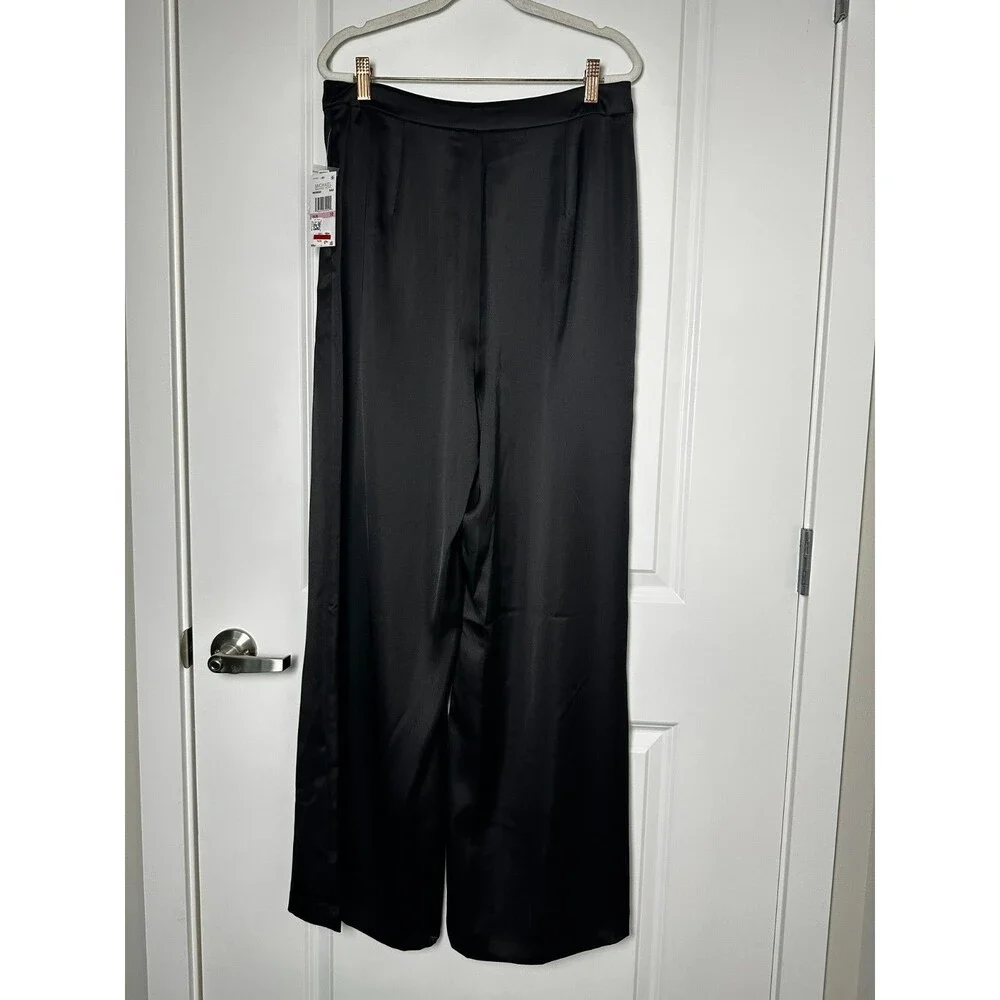 Michael Kors Black Satin Wide Leg Trousers Women's Size 10 Elegant Dress Pants